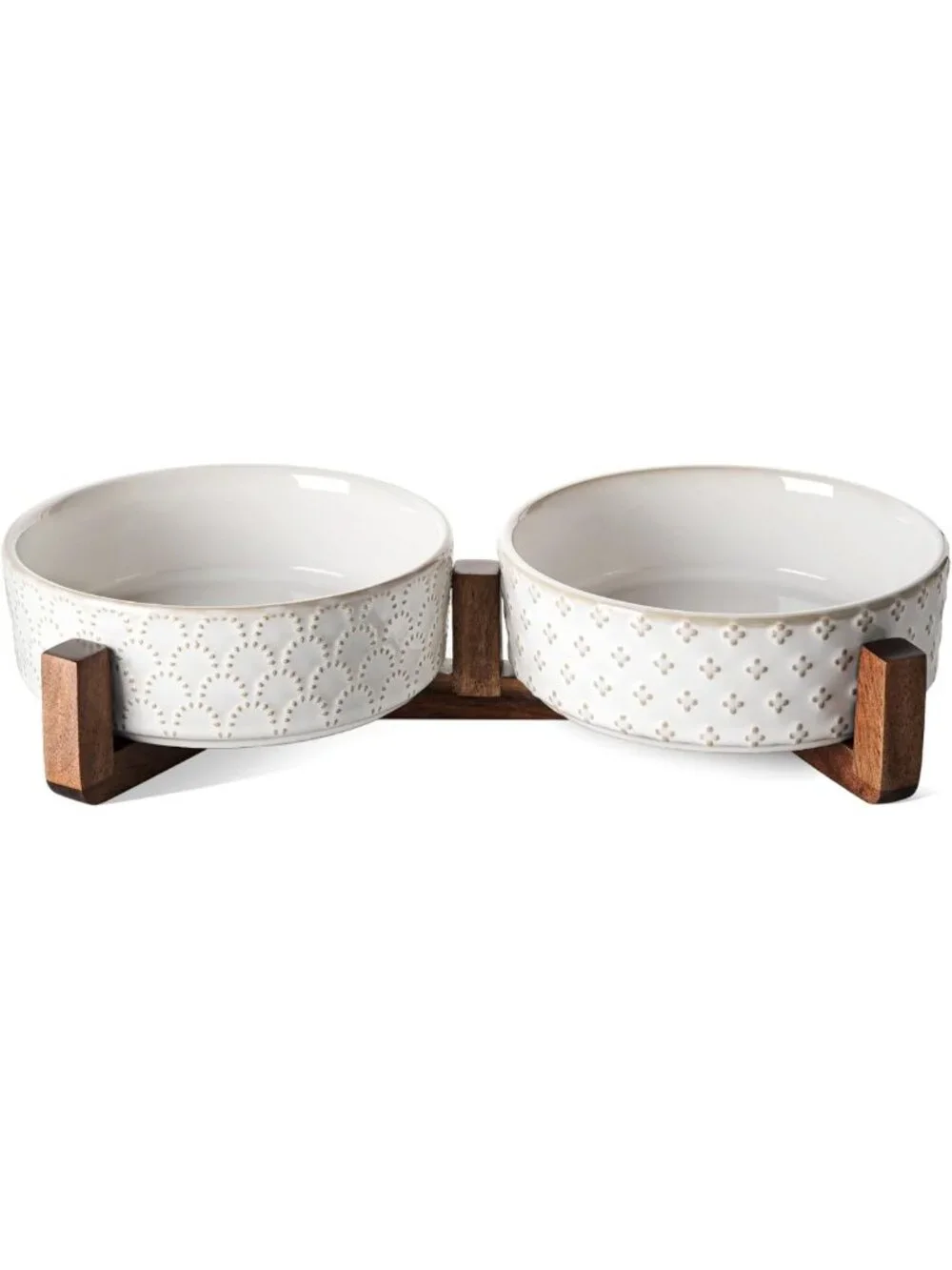 Stylish Dog Bowl Set with Acacia Wood Stand - 1.8-Cup Ceramic Bowls for Small